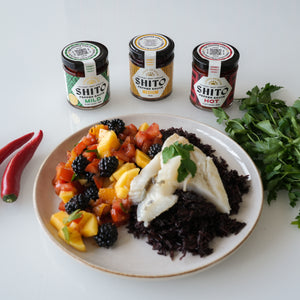 Pan-Seared Silver Dory with Fiery Blackberry & Shito Salsa on a Bed of Black Rice.