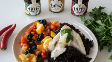 Pan-Seared Silver Dory with Fiery Blackberry & Shito Salsa on a Bed of Black Rice.