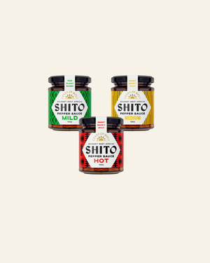 Coast of Gold Heat Trio, three 190g jars of Shito Pepper Sauce in Mild, Medium and Hot
