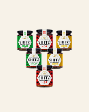 Coast of Gold Six Pack Mixed Heat, two each of Mild, Medium and Hot shito pepper sauce